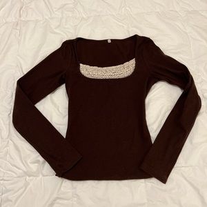 brown cottage core fitted long sleeve with lace detail size S